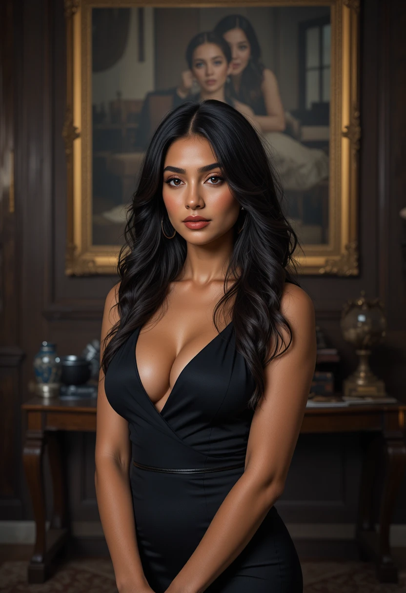 Serene mixed race woman in black dress indoor portrait