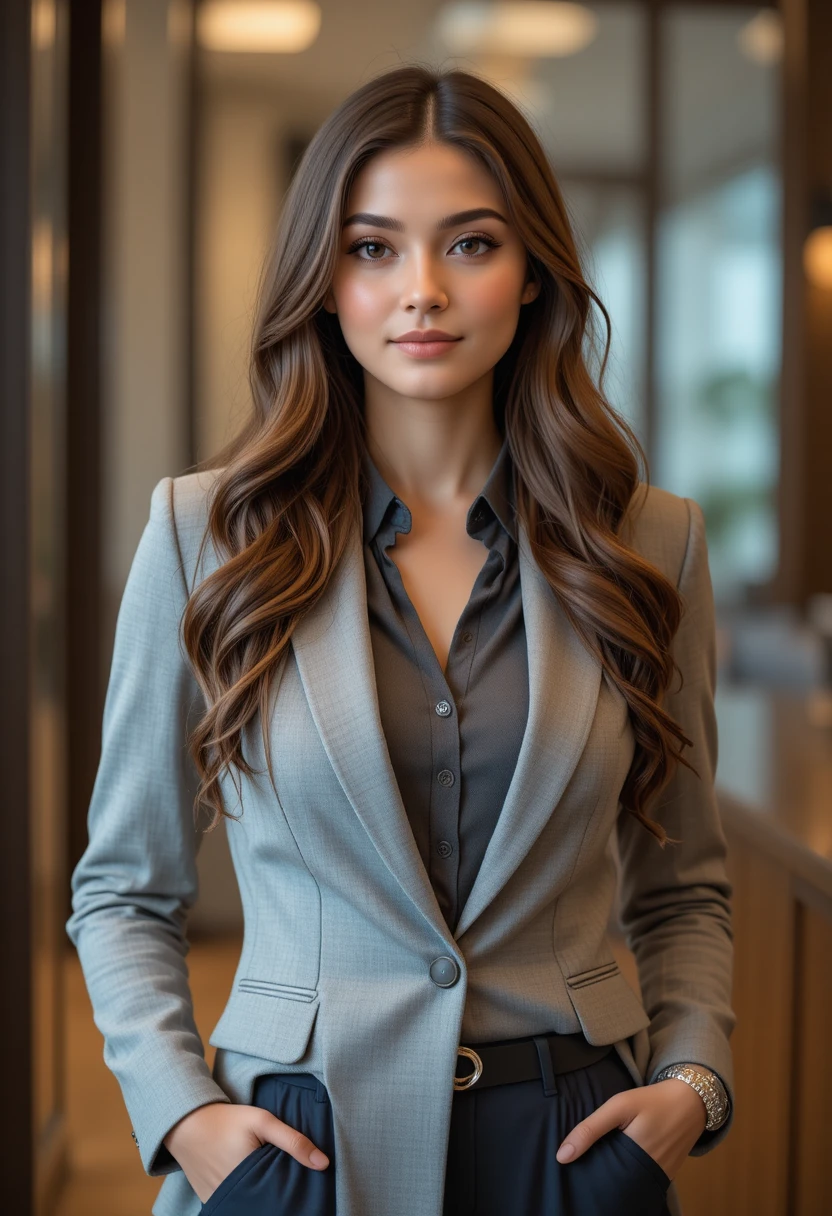 Confident woman in blazer standing in warm indoor light