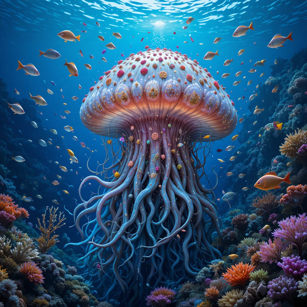 Gigantesca medusa en un océano azul cristalino con peces de colores