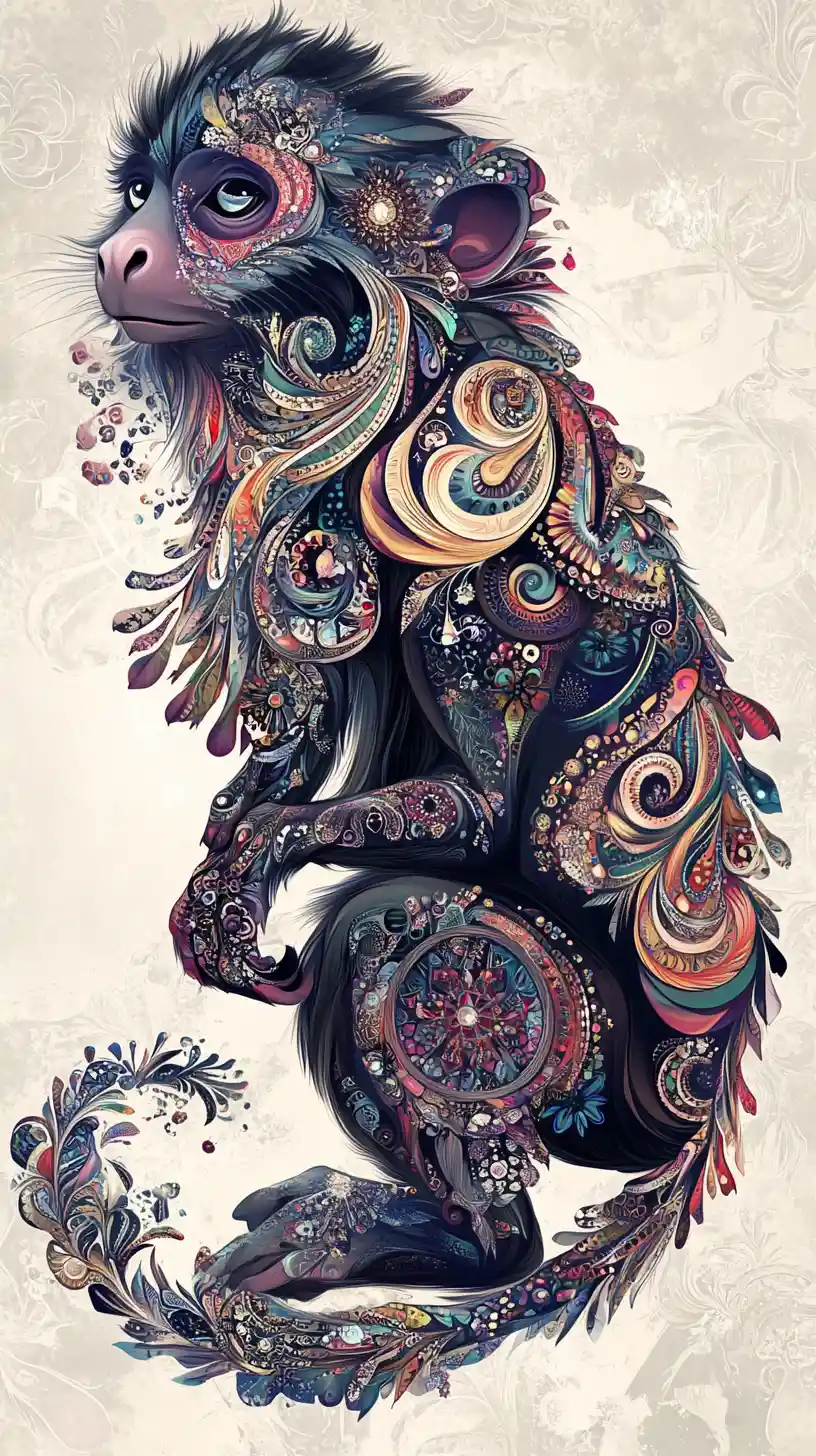 Psychedelic digital monkey with silver blue mandala patterns