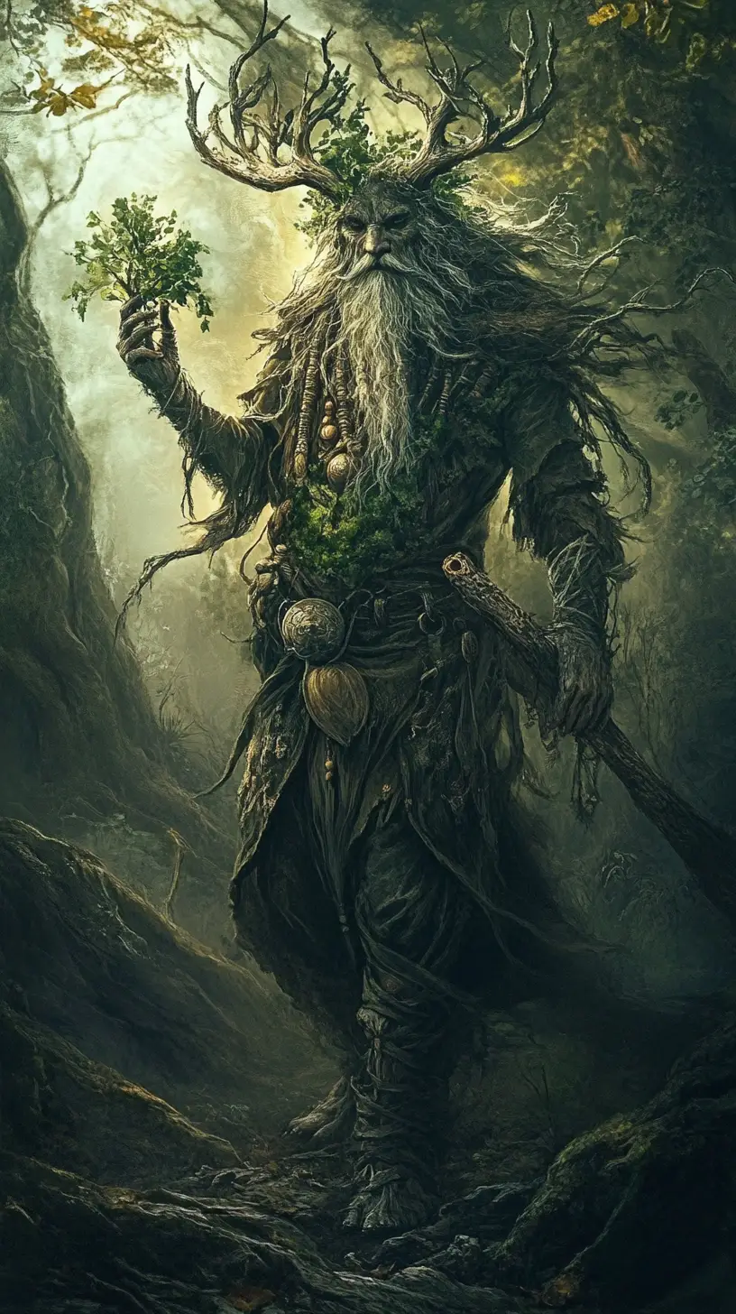 Ancient Slavic forest spirit guarding a mythical woodland