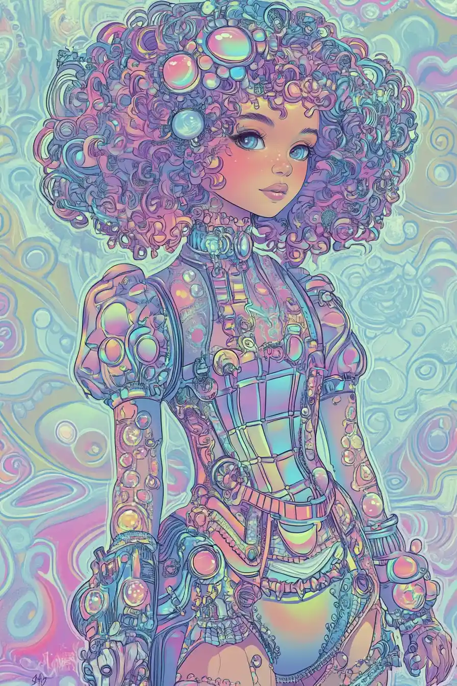 Whimsical fantasy girl in pastel steampunk candy style