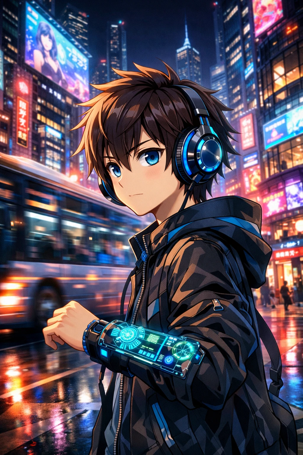 Chico de anime con auriculares futuristas en ciudad cyberpunk de neón
