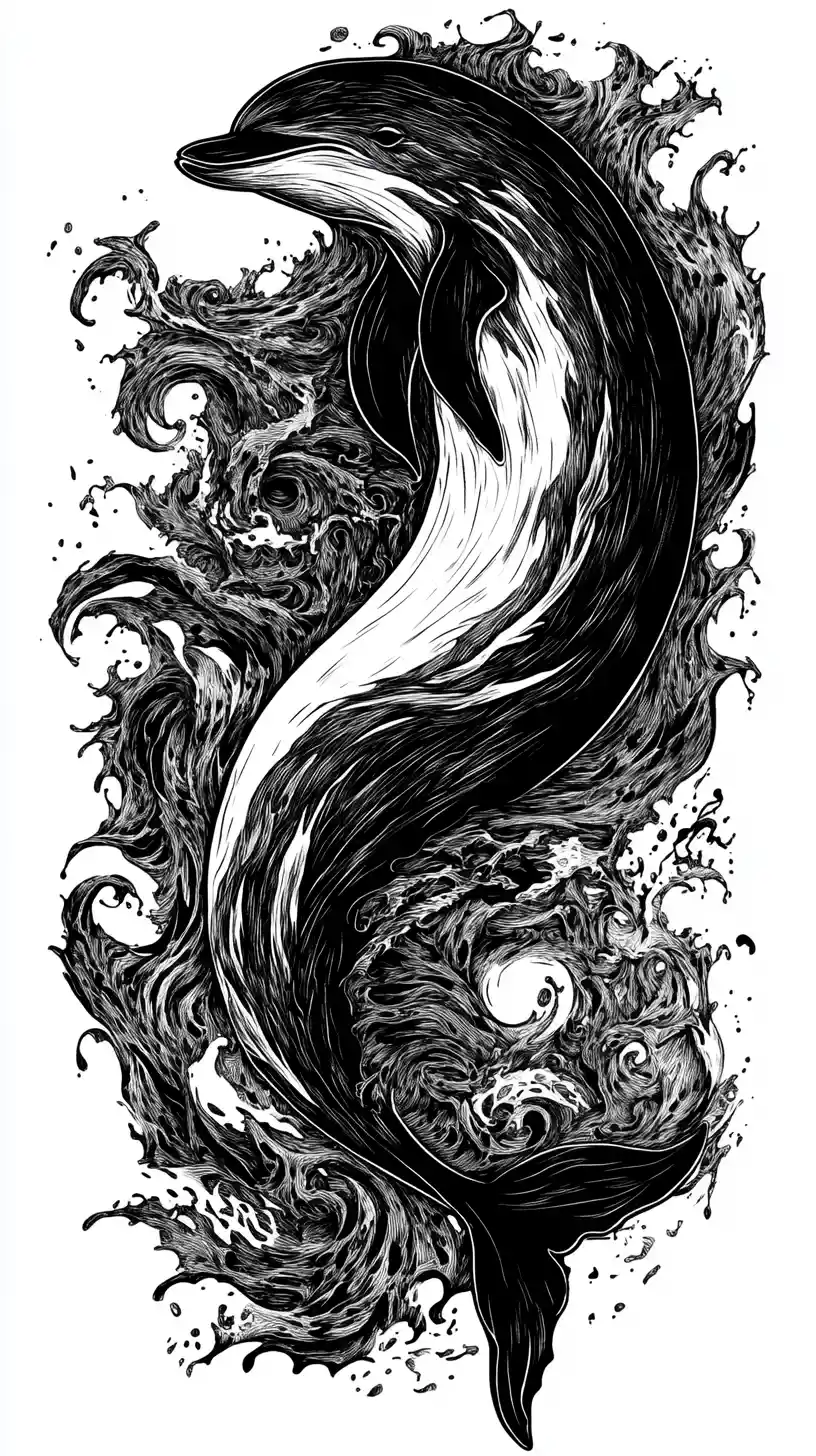 以黑白詮釋陰陽的超現實墨畫海豚