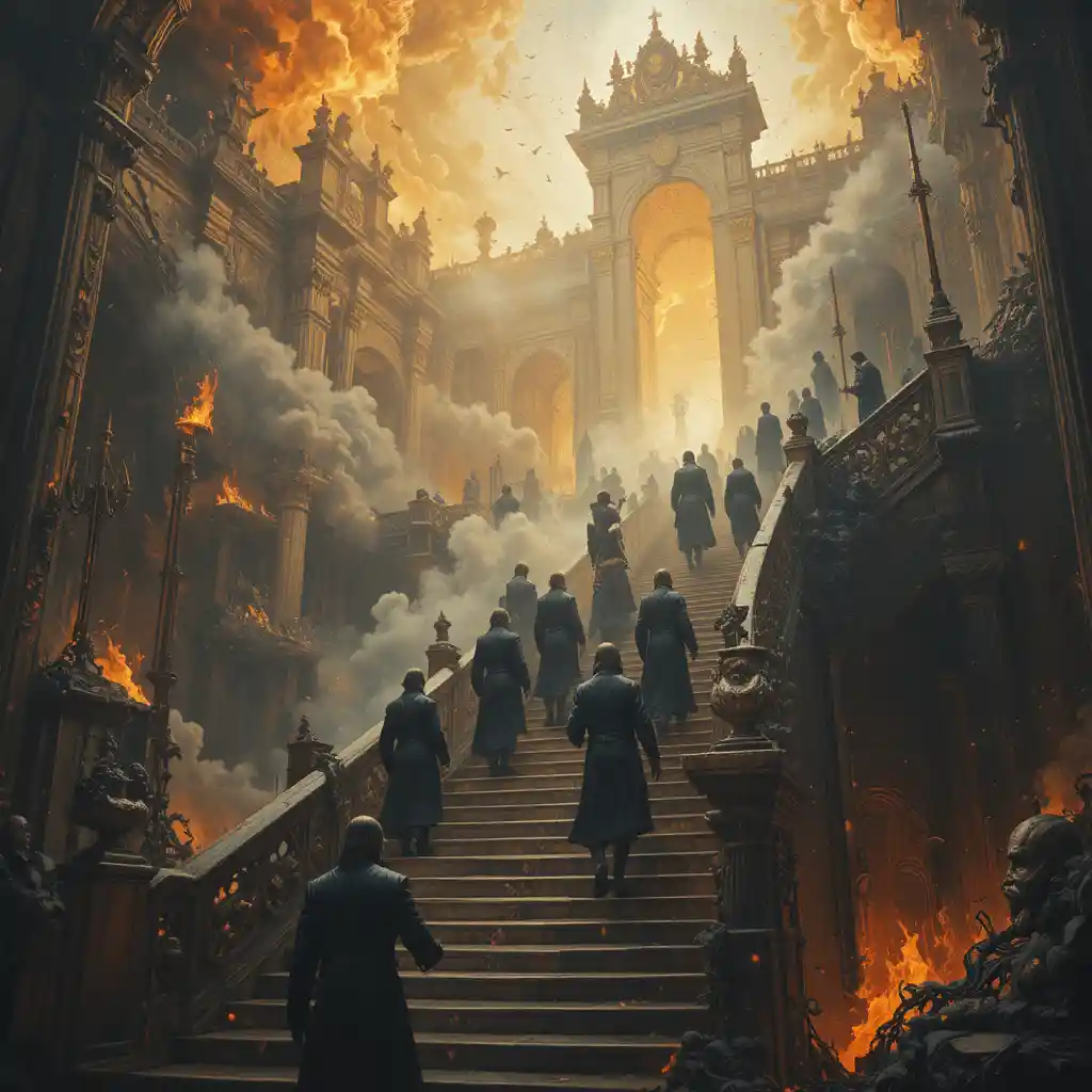 Close up of people ascending a surreal stairway to heaven
