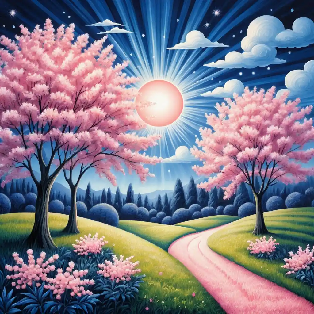 Campo estivo surreale con alberi di mimosa rosa in tonalità blu
