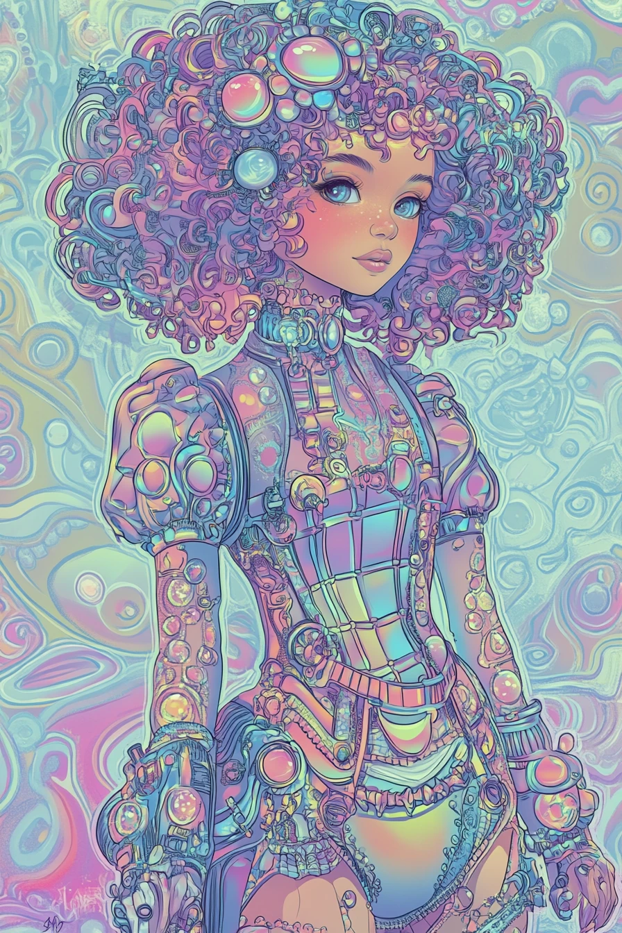Whimsical fantasy girl in pastel steampunk candy style