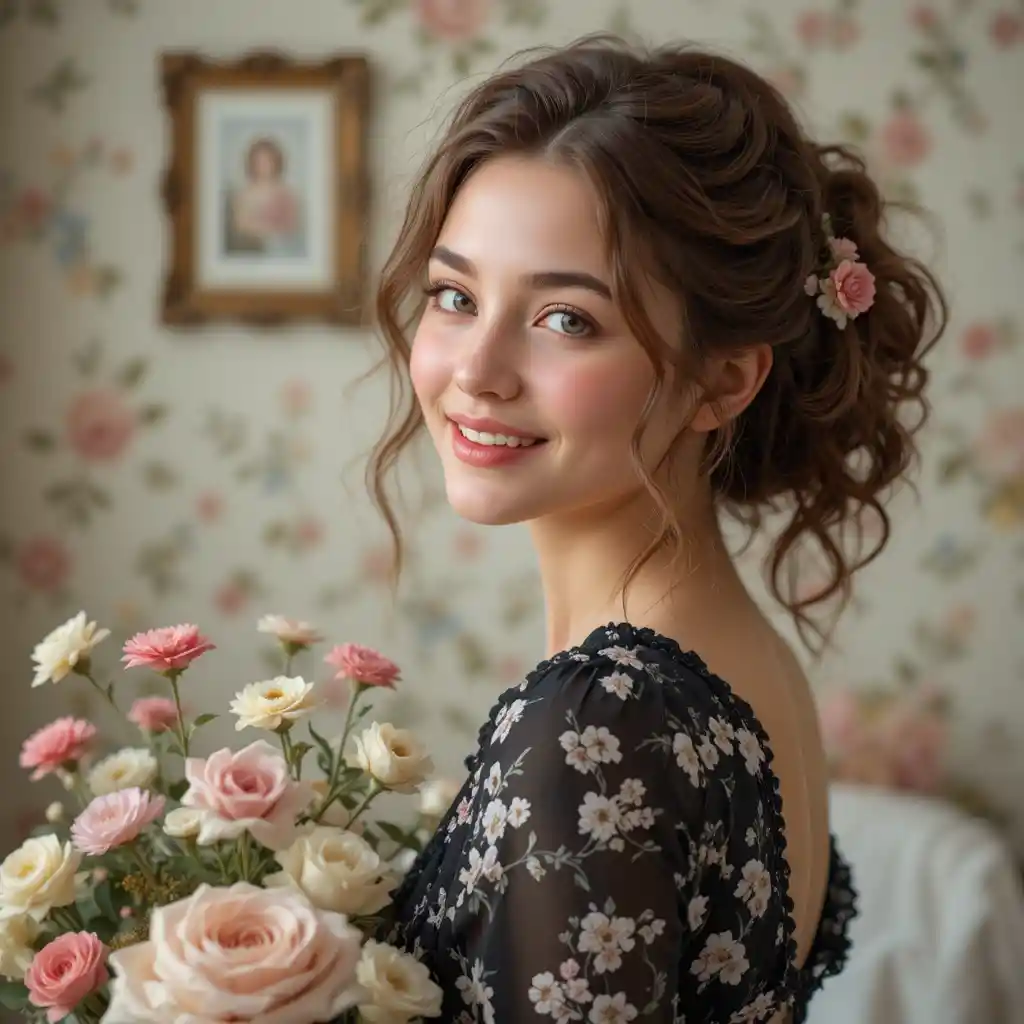 Young woman with flowers in a romantic indoor portrait