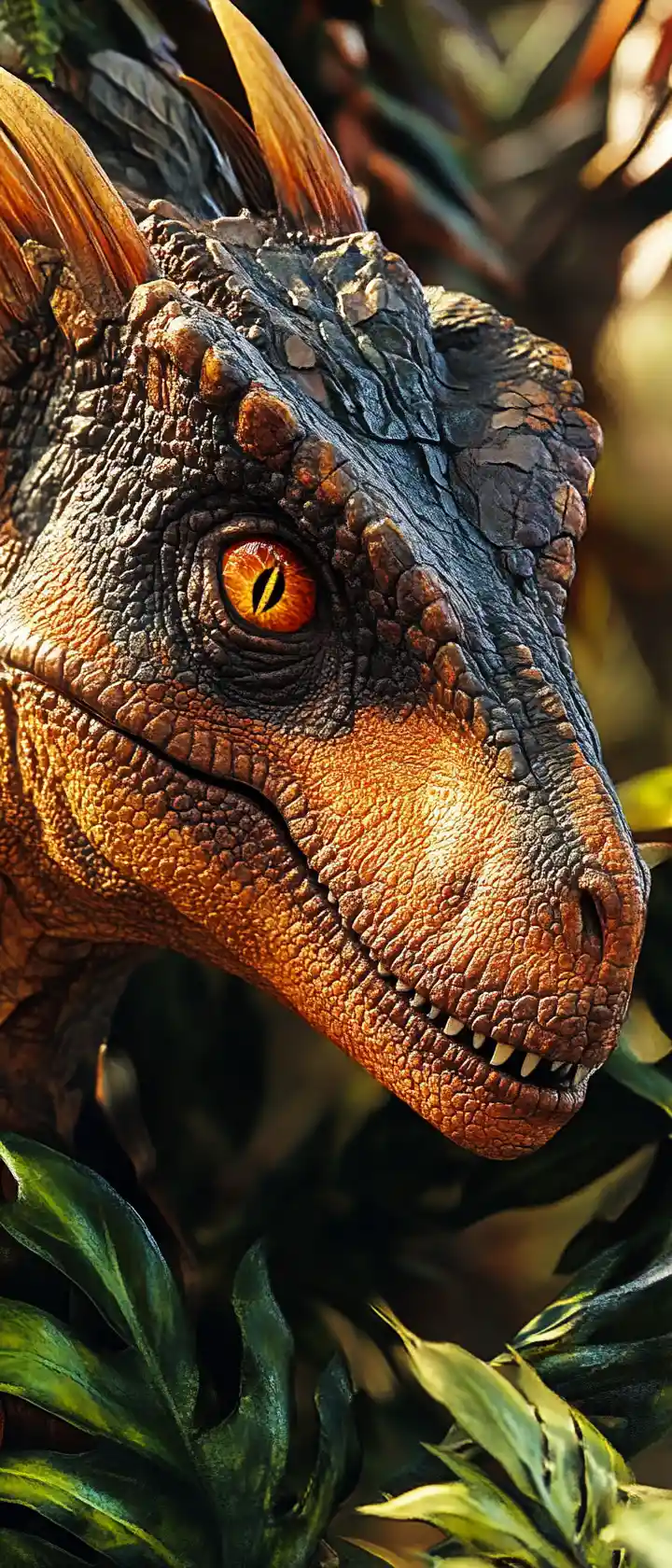 Close up dinosaur heads emerging from dense forest leaves