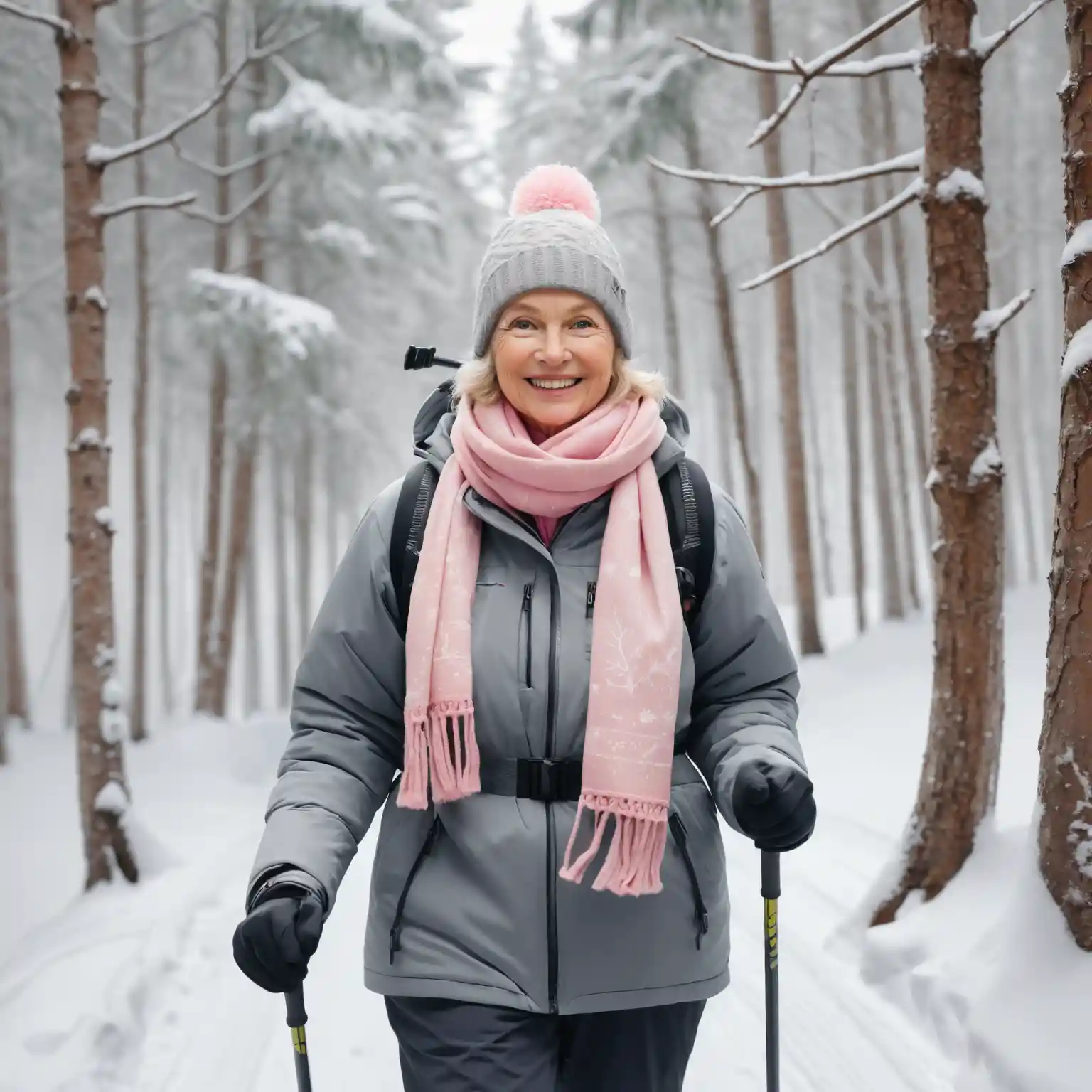Mulher mais velha esquiando por uma floresta nevada em tons suaves de pastel