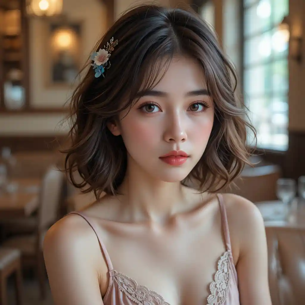 따뜻하고 아늑한 카페에서의 젊은 여성 초상