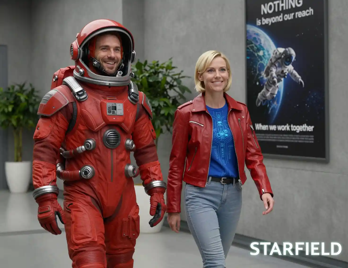 Zwei Astronauten in einem hellen futuristischen Innenkorridor