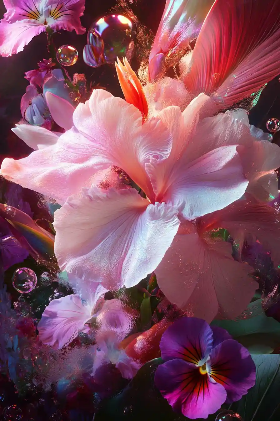 Glowing Light Orbs Around A Large Lilac Flower