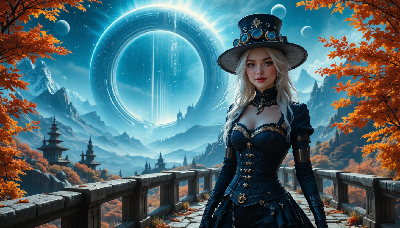 Smiling steampunk fashion woman on an old stone bridge