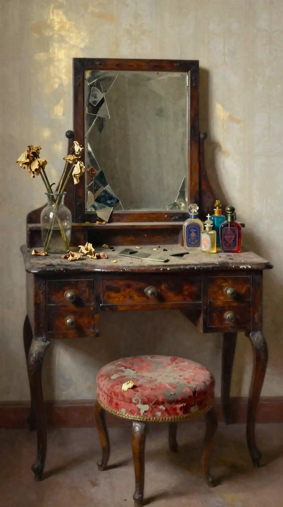 Old wooden vanity with broken mirror and dusty stool