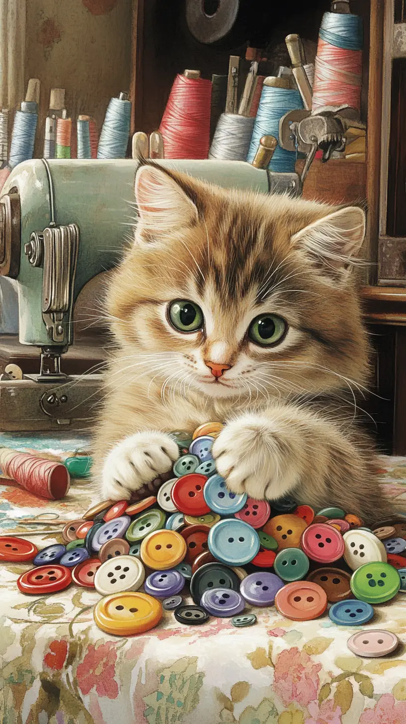 Curious cat playing with buttons on sewing table