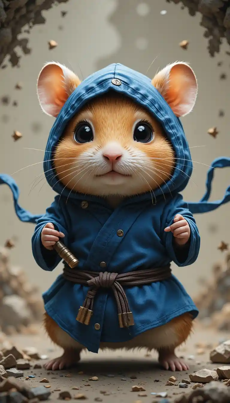 Cute hamster ninja in blue costume amid warped space