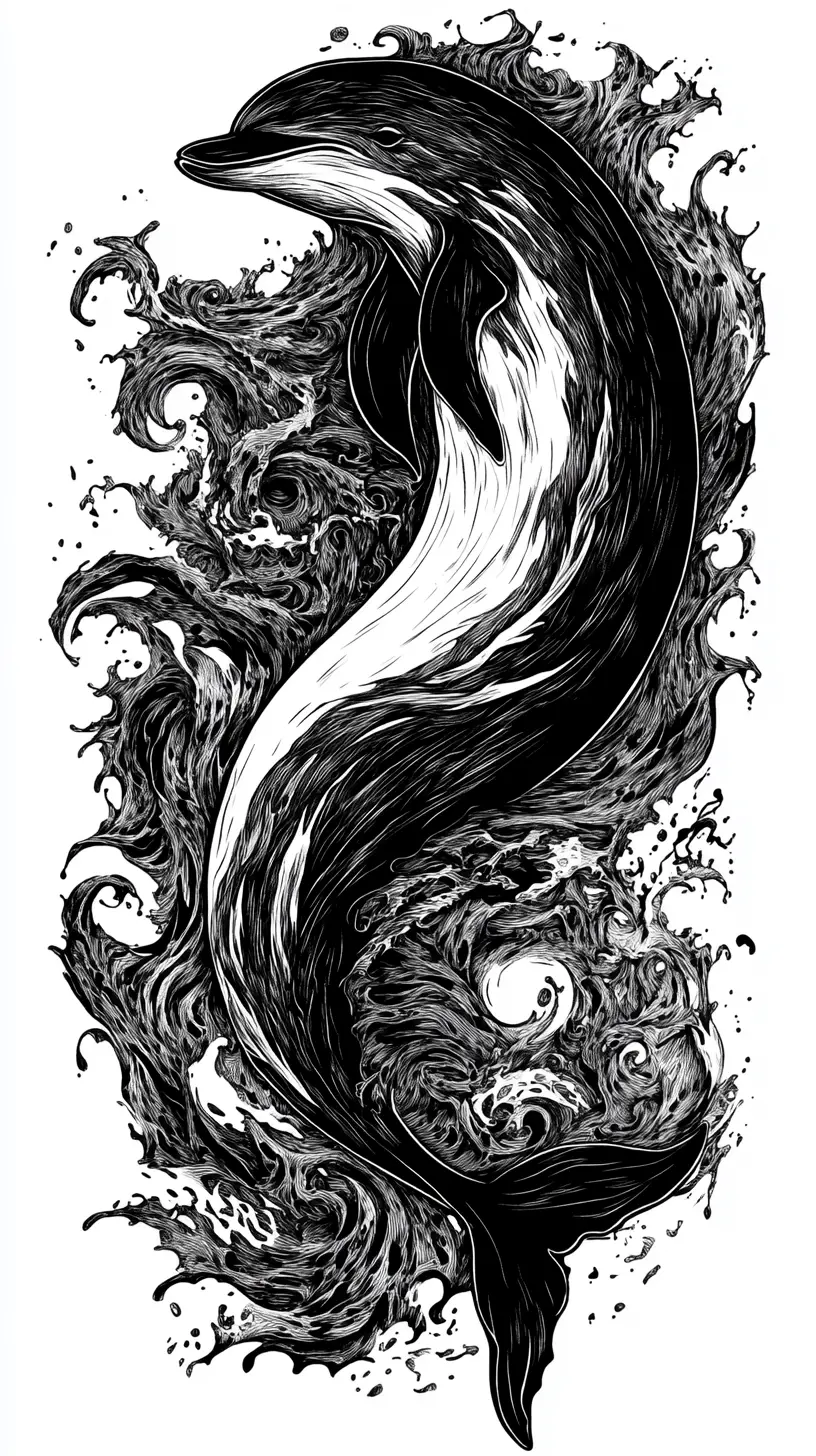 Surreal ink dolphin embodying yin yang in black and white