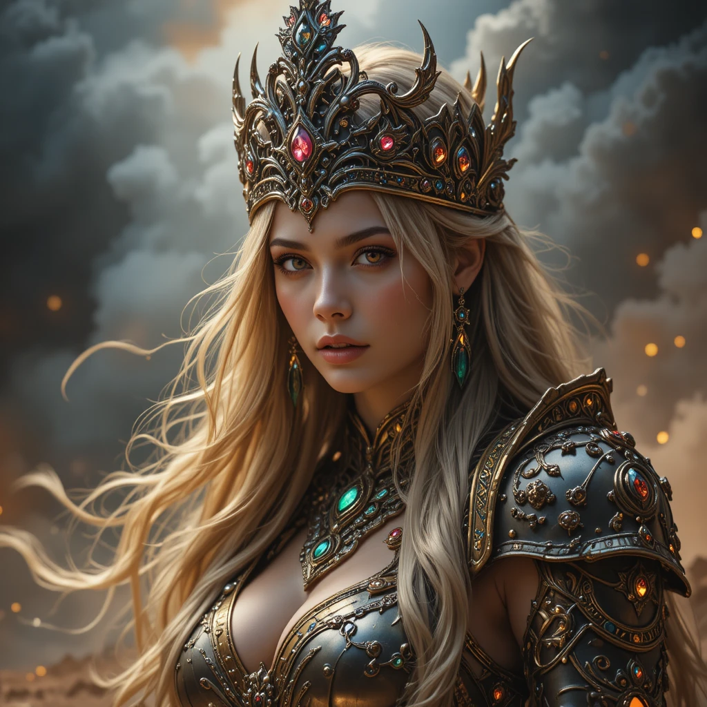 Regal golden haired warrior queen in glowing celestial armor