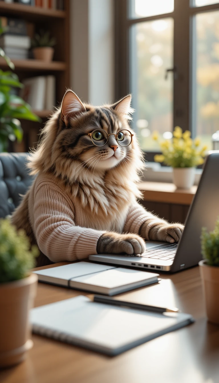 Gato atigrado esponjoso escribiendo en un portátil en un escritorio acogedor