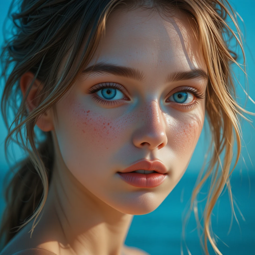 Young woman close up with blue eyes and freckles