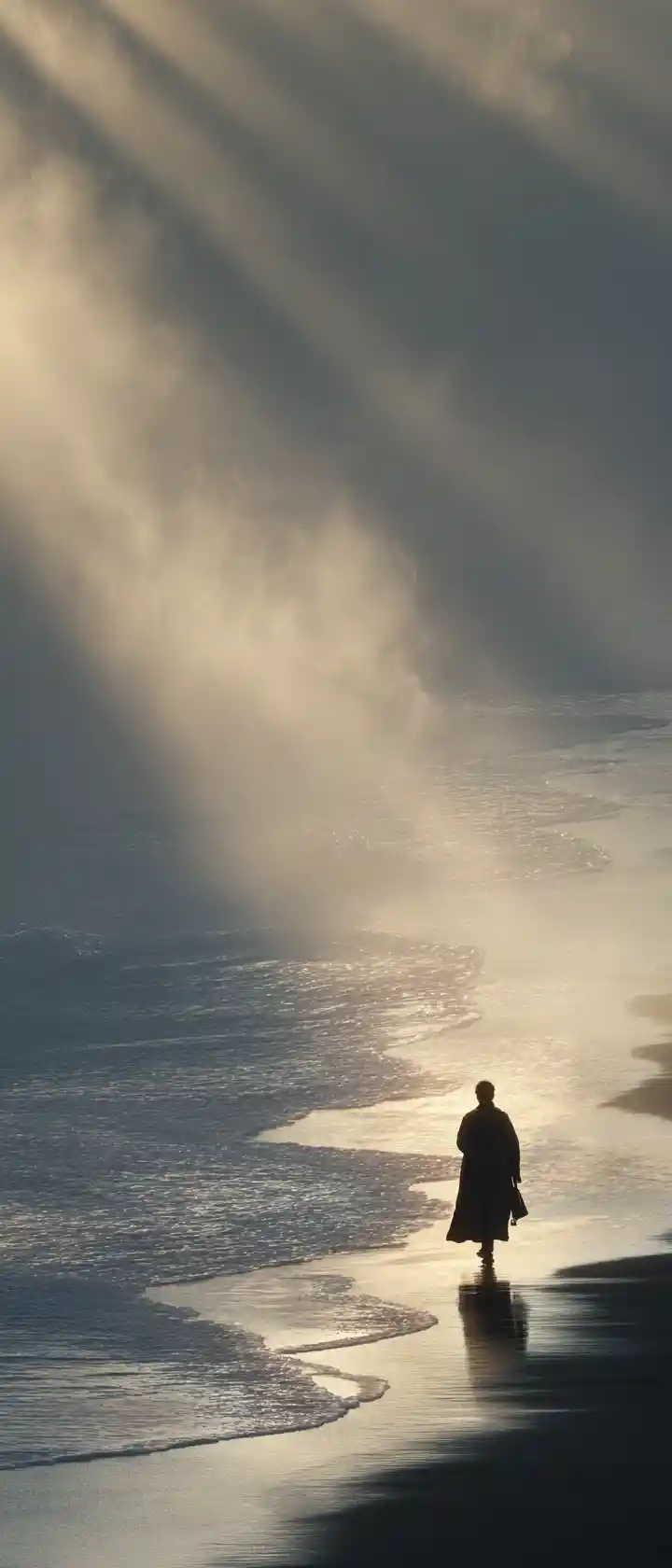 Lone figure walking a misty coastal path at sunrise