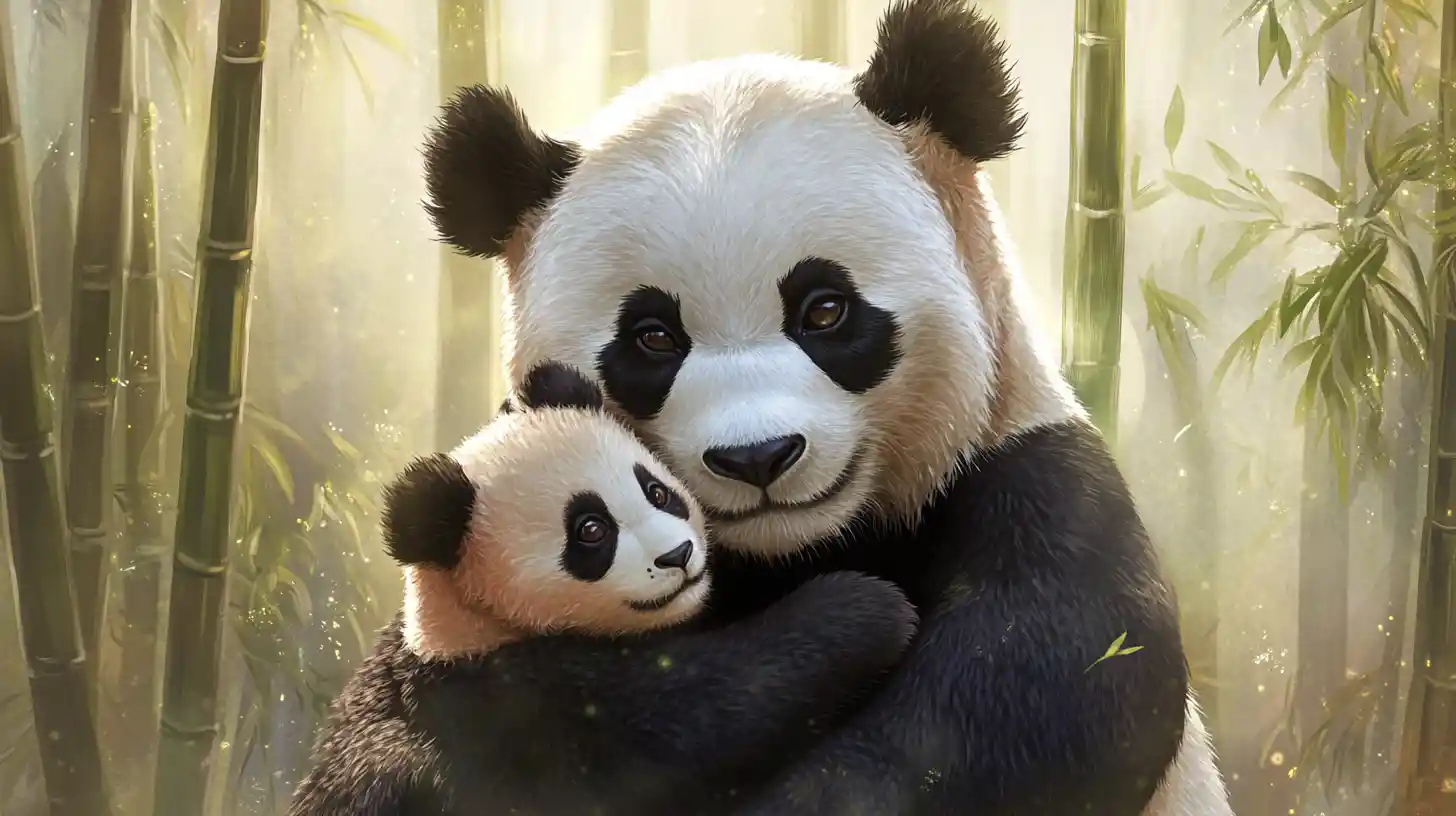 Mother panda hugging playful cub in bamboo grove