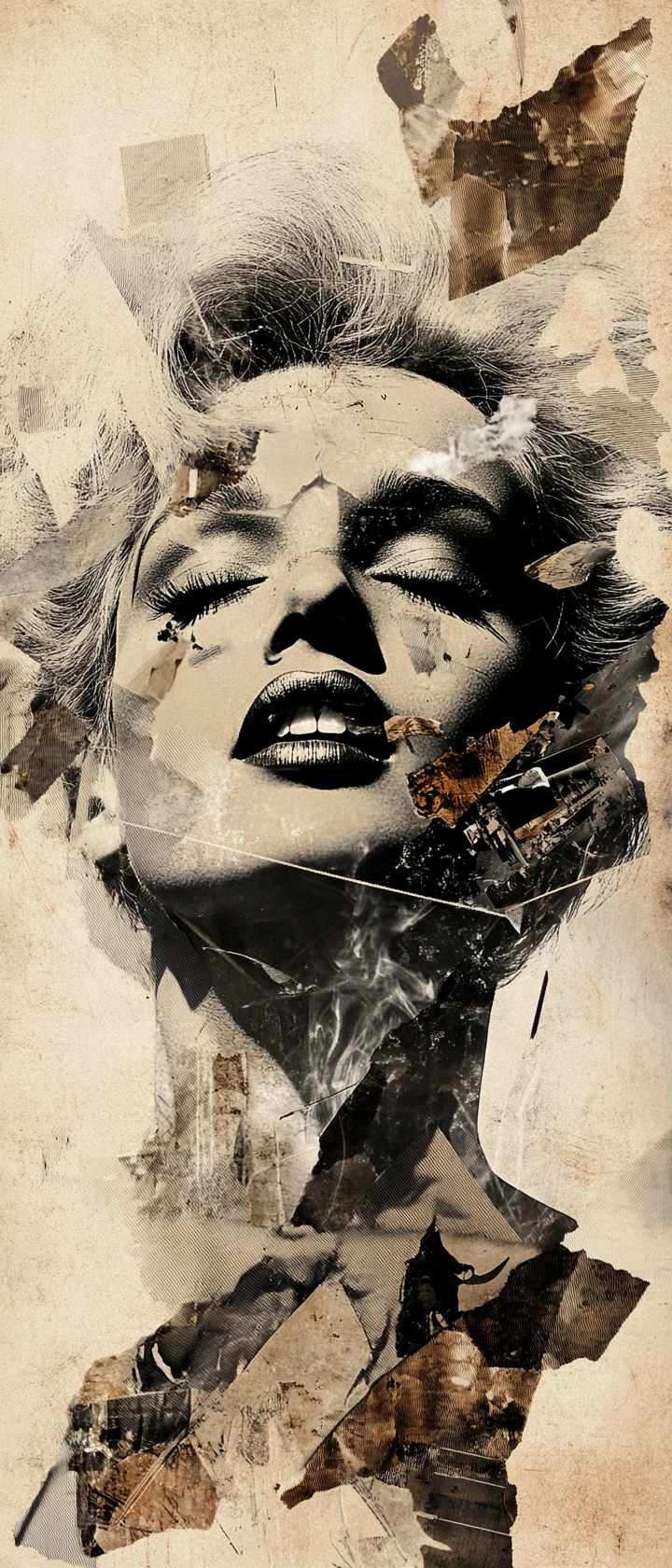 Fragmented monochrome portrait of a woman in collage form