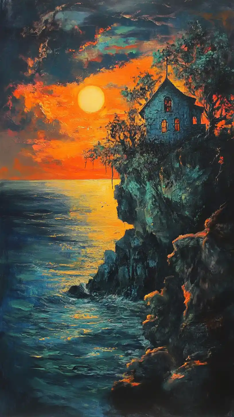 Eagle cliff house at sunset in a stormy oil painting