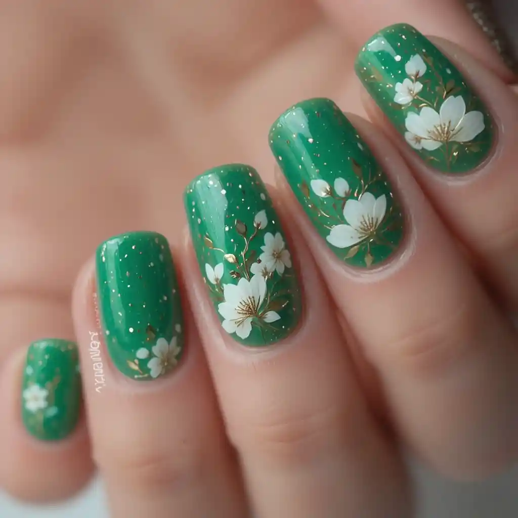 Emerald green floral nail art on a manicured hand