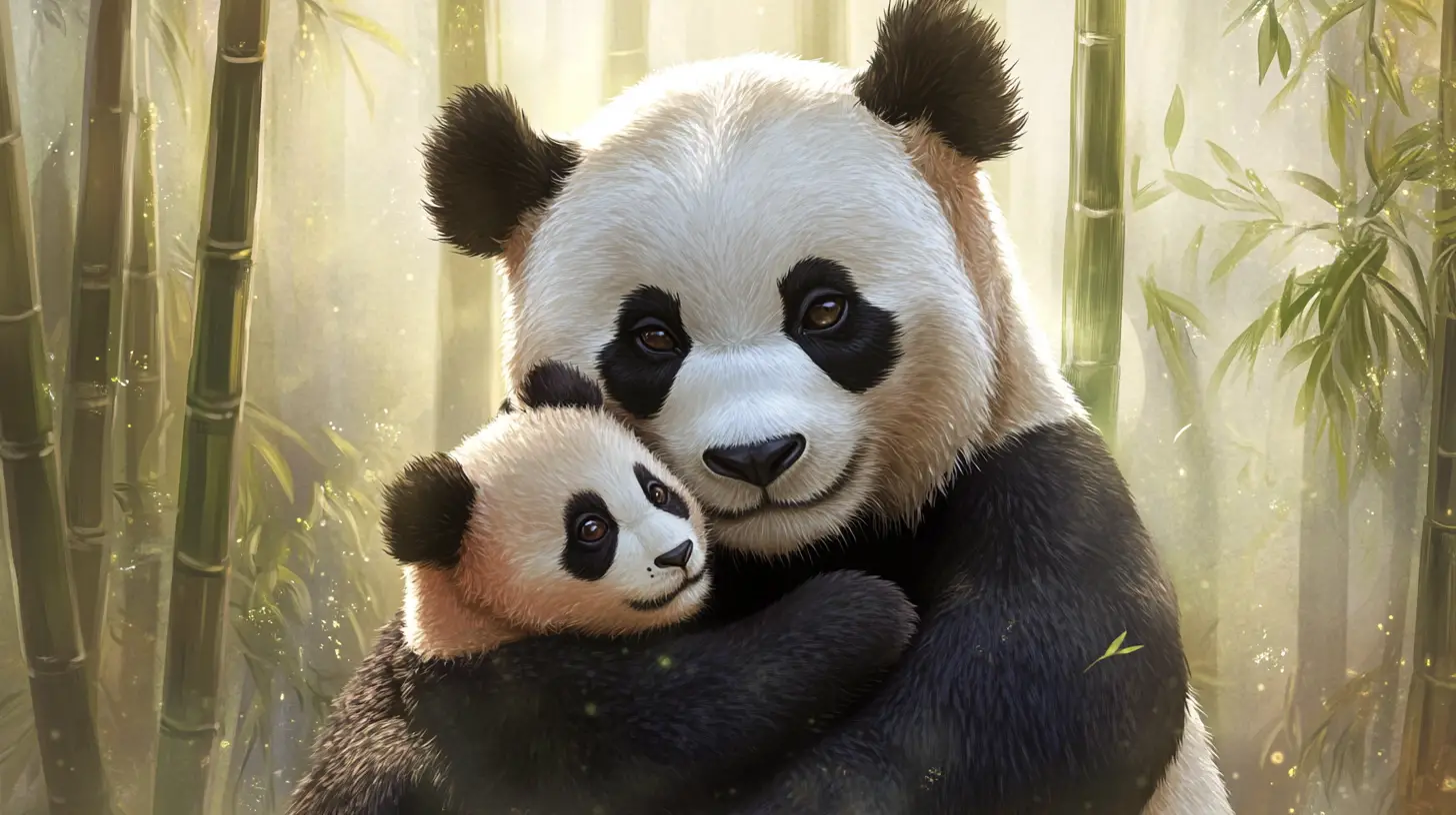 Mother panda hugging playful cub in bamboo grove