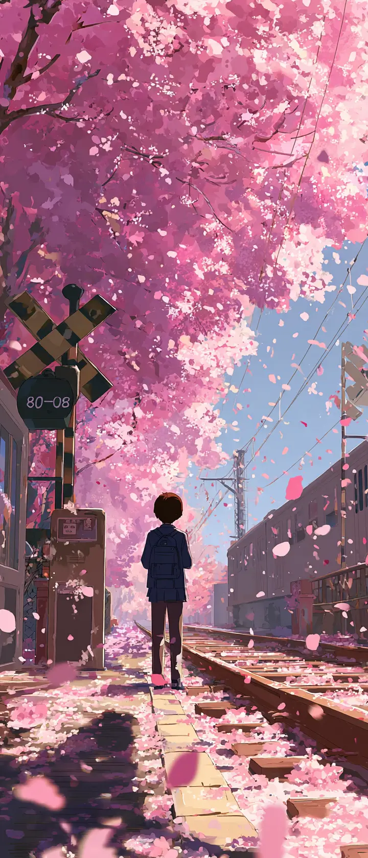 Schoolboy waving goodbye on a spring train platform