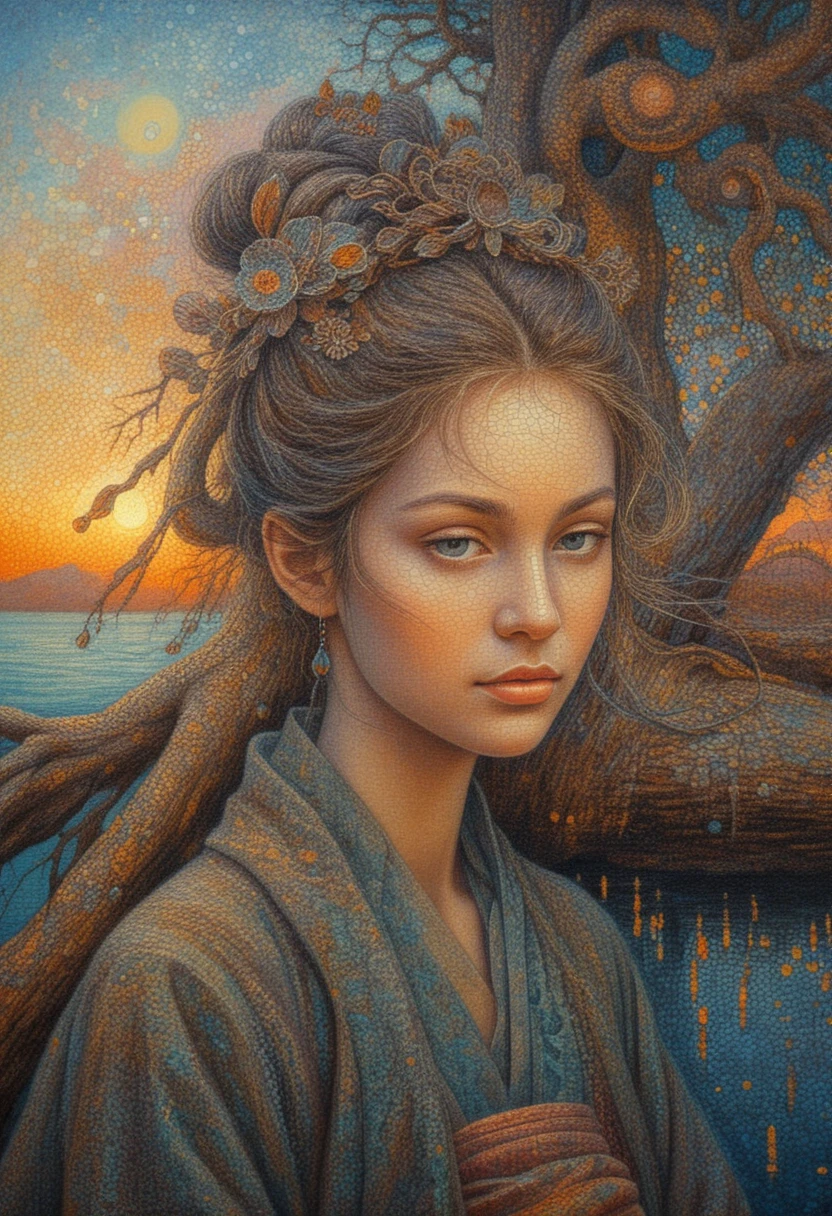 Young woman resting by an ancient tree above a river