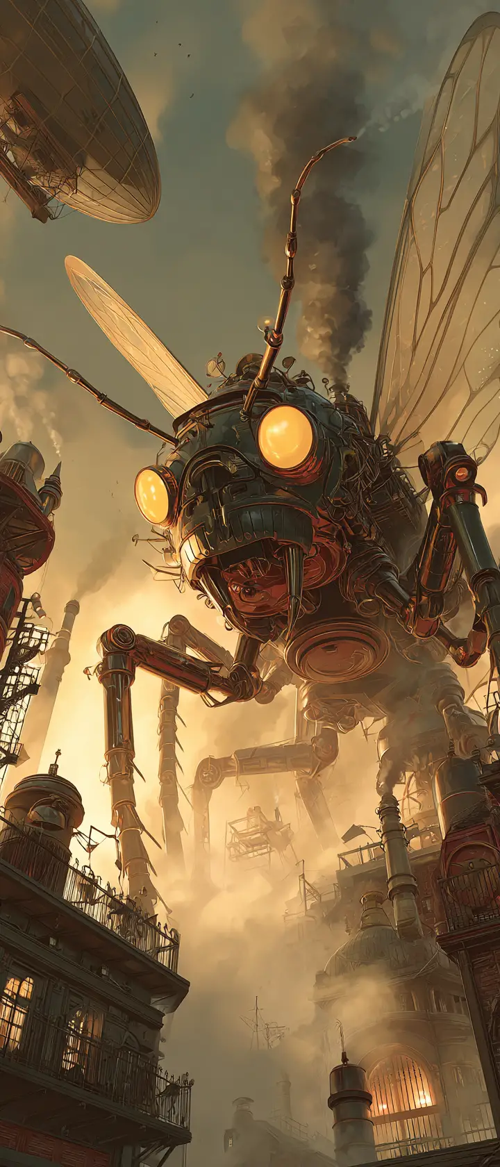 Gigantic Steampunk Ant Above Foggy Industrial City