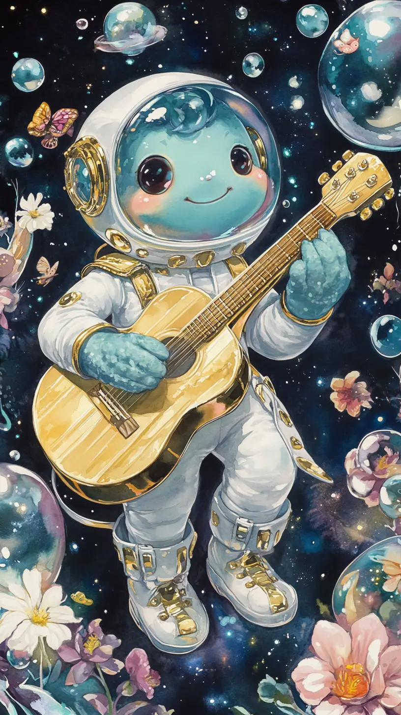 Joyful banana creature playing guitar in cosmic watercolor scene