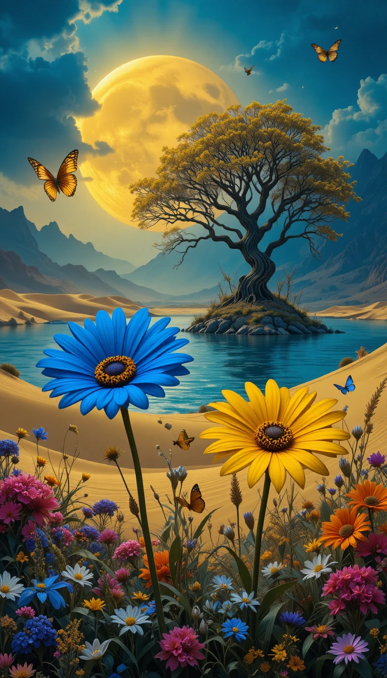 Margaritas azules y amarillas junto a una tranquila laguna iluminada por la luna
