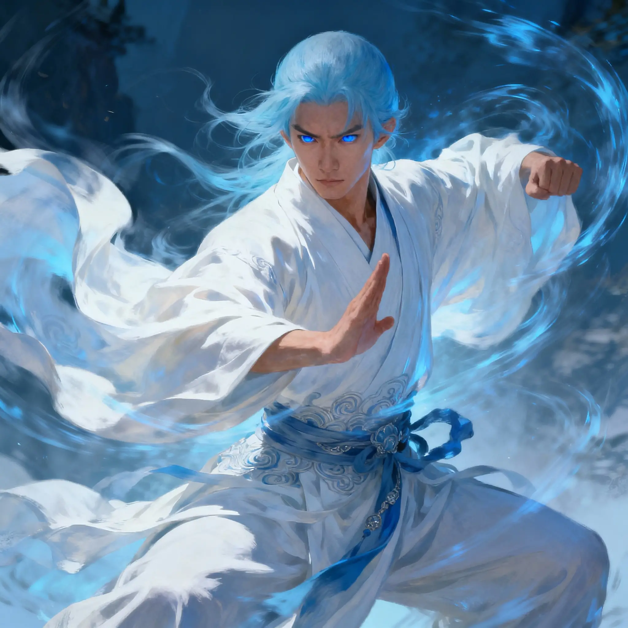 Wind monk martial artist with light blue hair and robe