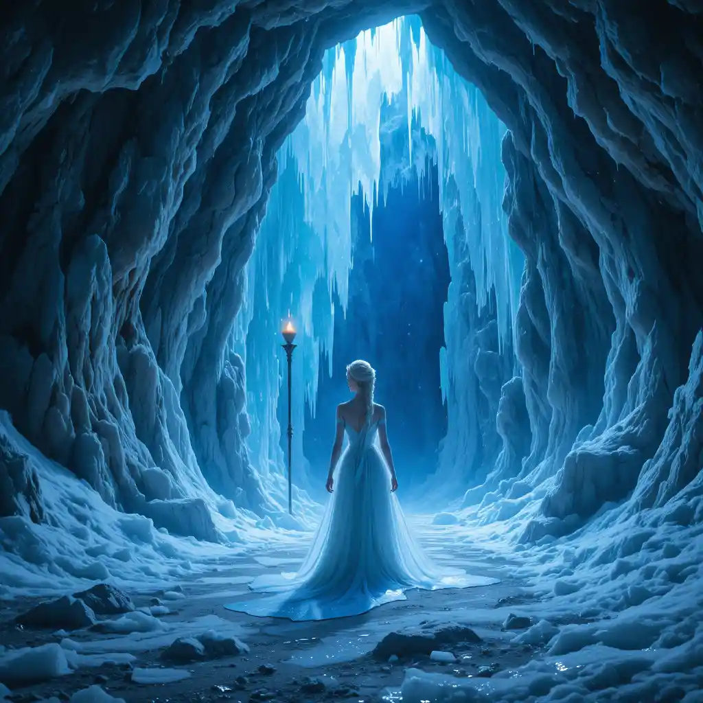 Lonely ice queen standing in a vast crystalline cave