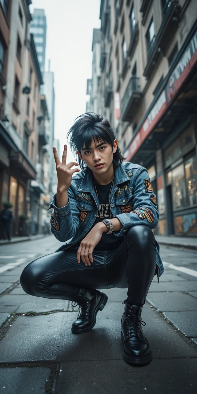 Rebellious nonbinary teen posing in gritty city street