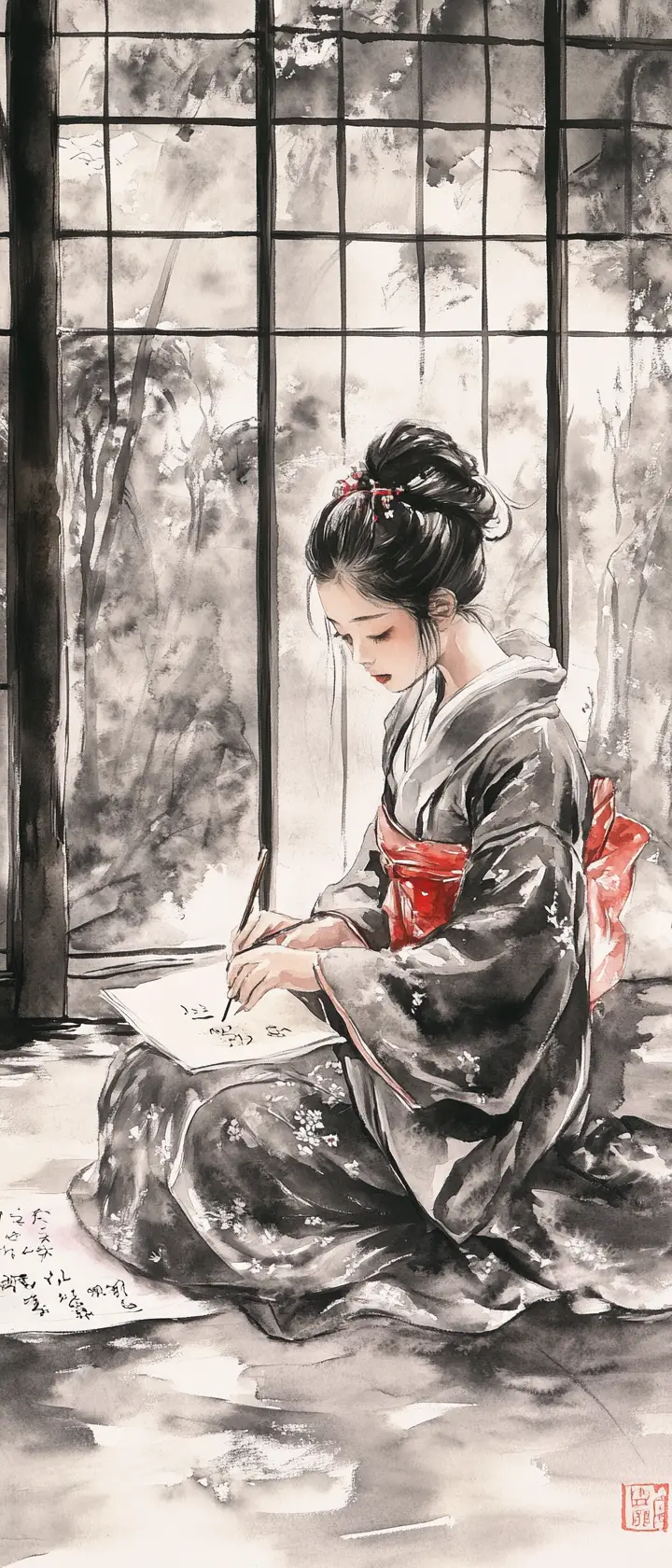 Young woman practicing shodo in a serene Japanese room