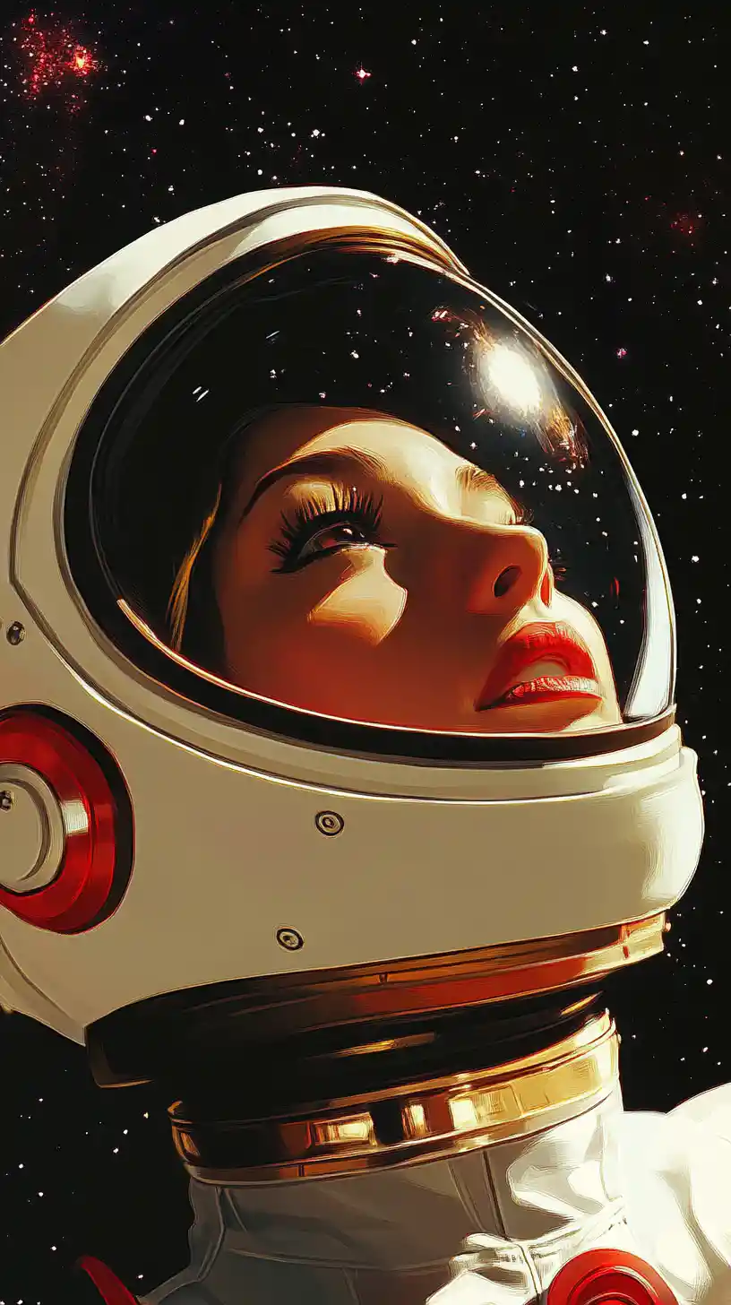 Woman astronaut gazing toward a colorful cosmic nebula