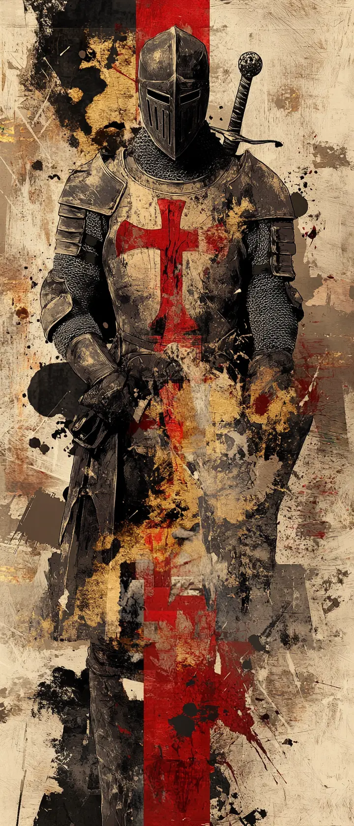 Ritratto astratto di un cavaliere templare in collage frammentato