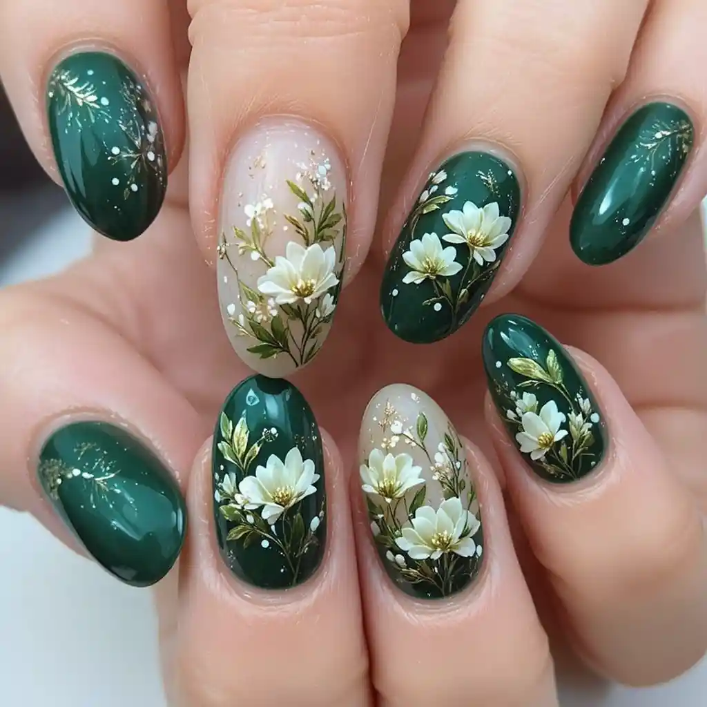 Primo piano di una mano con nail art in rilievo floreale verde