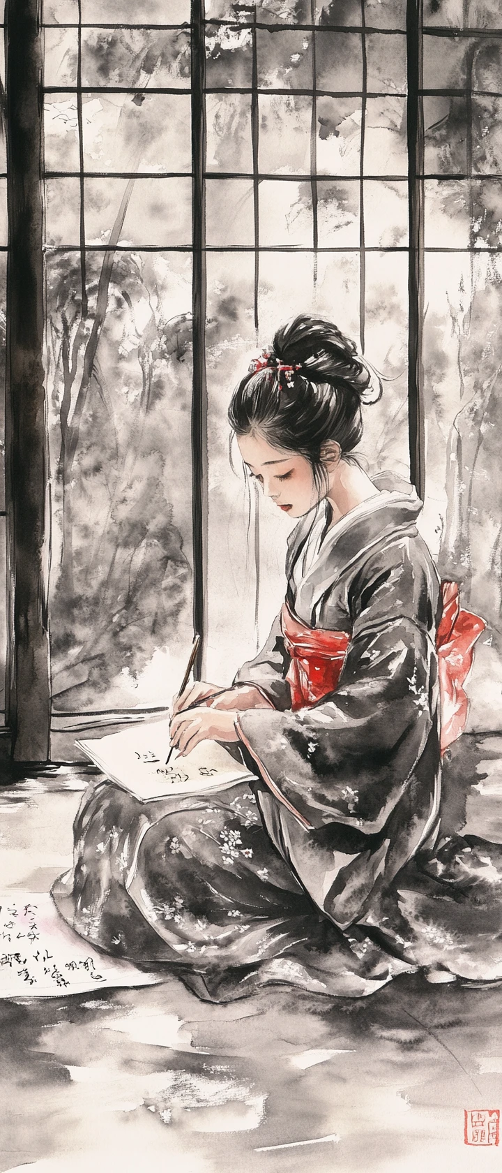 Junge Frau, die Shodo in einem ruhigen japanischen Zimmer übt
