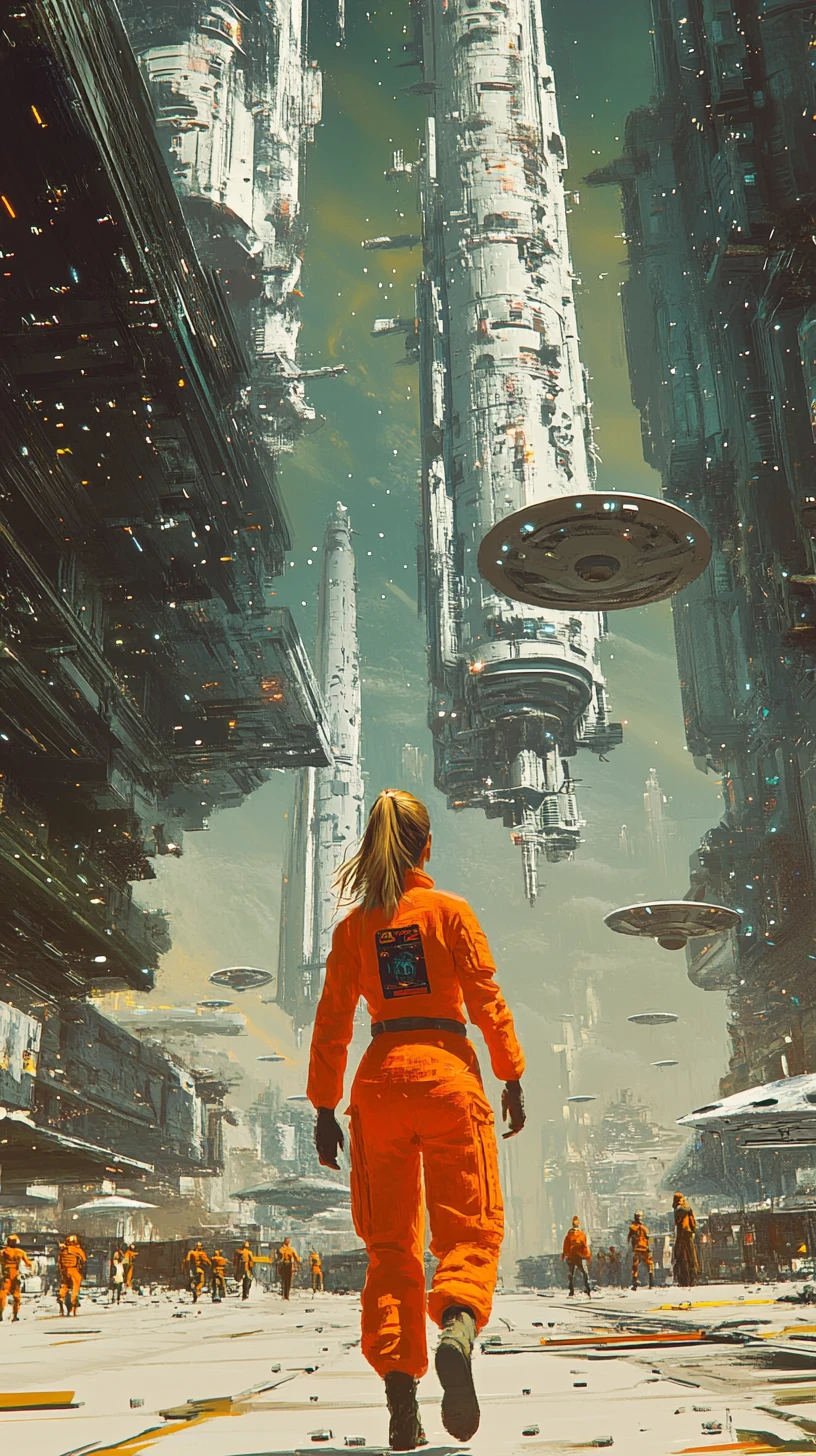 Confident space explorer walking through an alien cityscape
