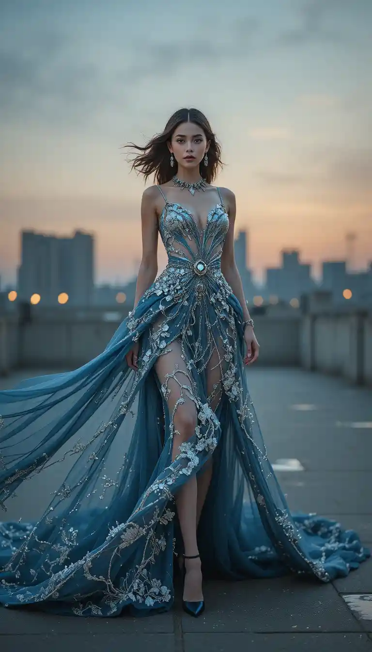 Avantgarde-Couture-Model schreitet über städtisches Dach bei Dämmerung