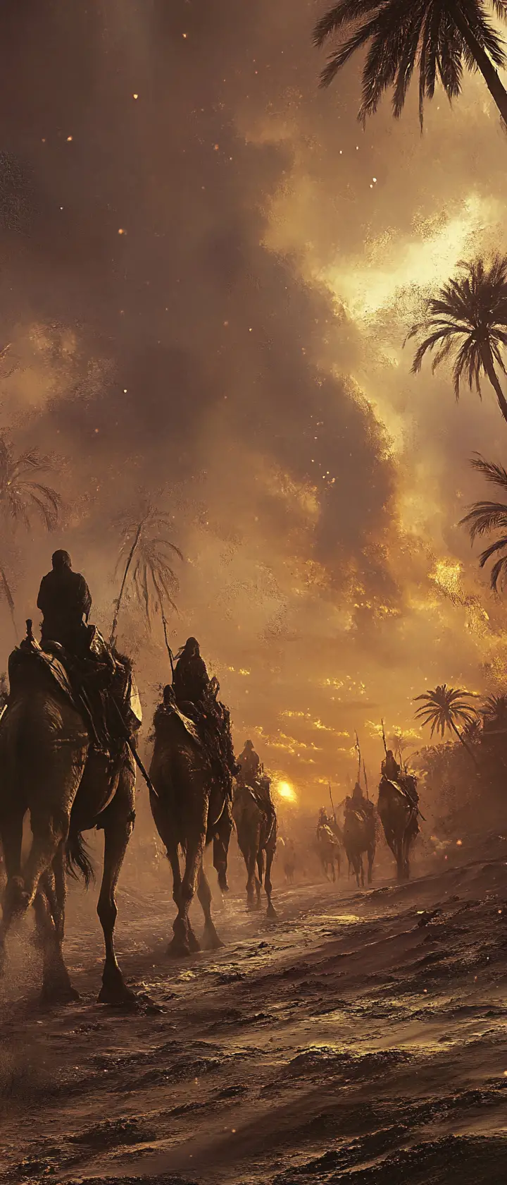 Camel caravan crossing a cursed desert at dusk