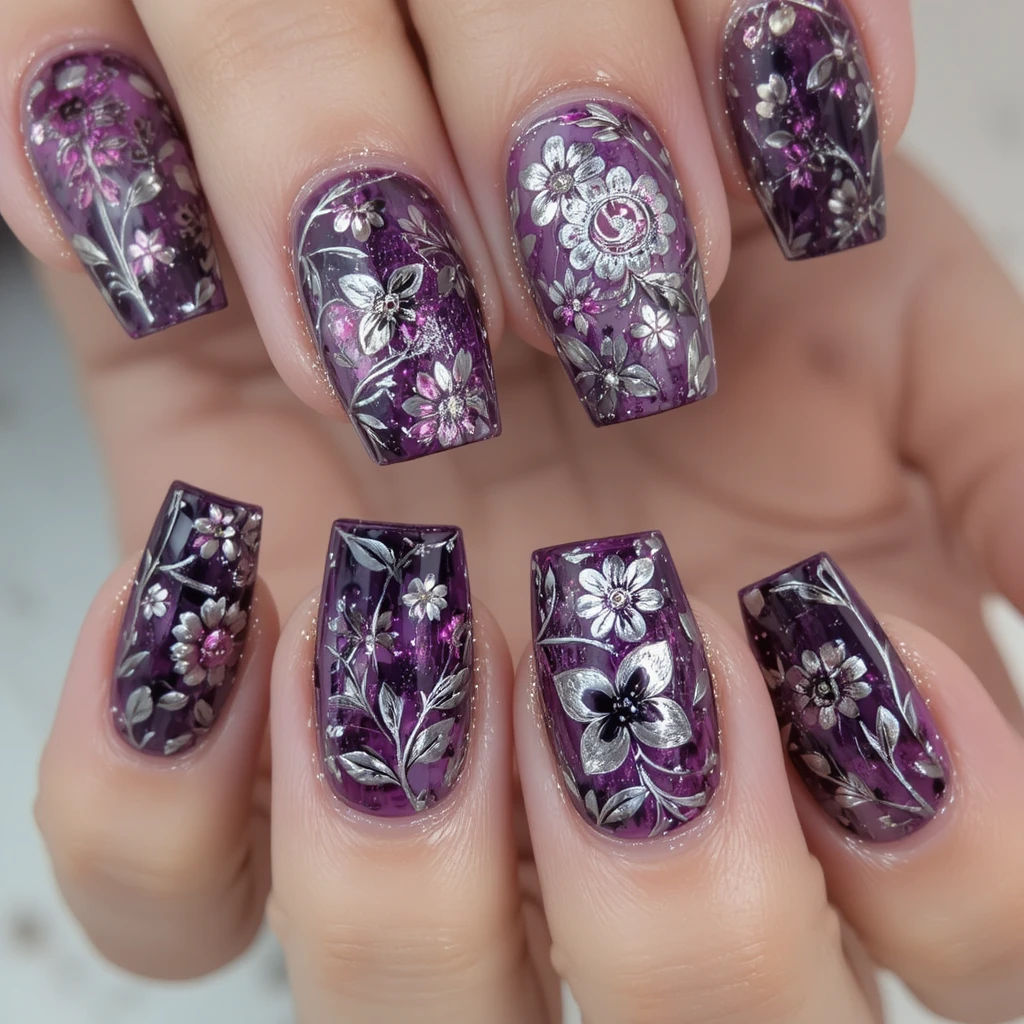 Primo piano di nail art floreale viola su una mano