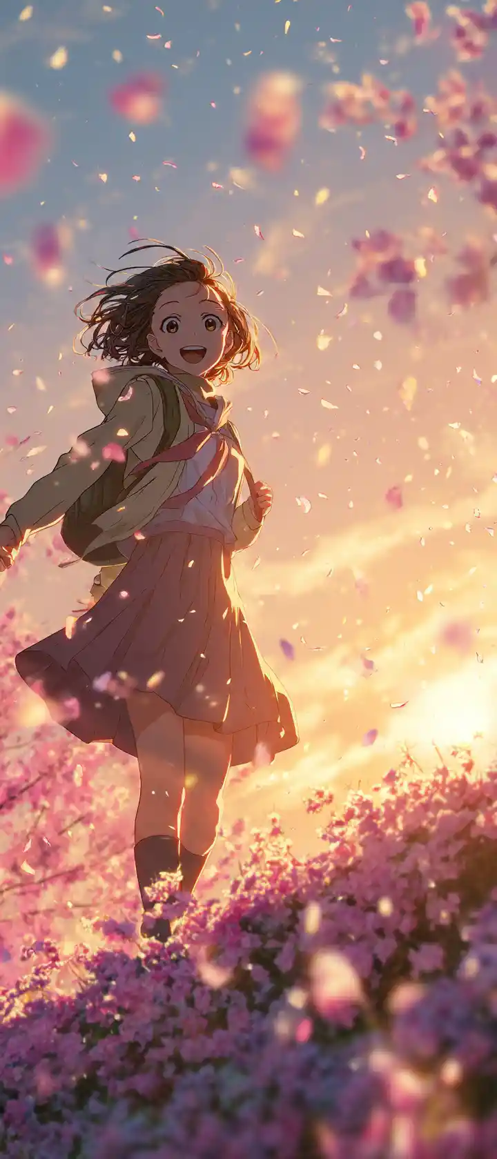 Joyful anime girl on glowing cherry blossom hill at sunset