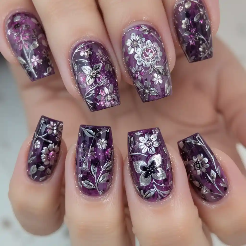 Primo piano di nail art floreale viola su una mano